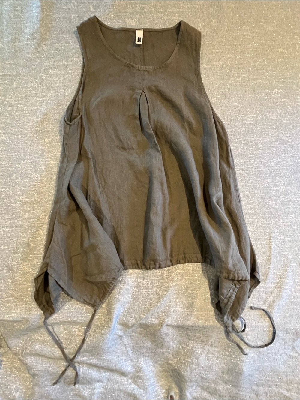 Wendy Trendy 100% Linen Italian Sleeveless Sage Green Tank Top Drawstring Hem